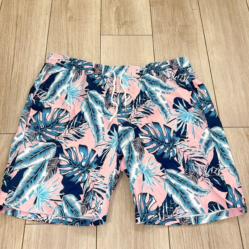 SHEIN Pink and Blue Board Shorts with Tropical Print